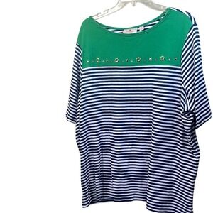 Quacker Factory Womens 2X Top‎ Green Blue White Striped Embellished Short Sleeve